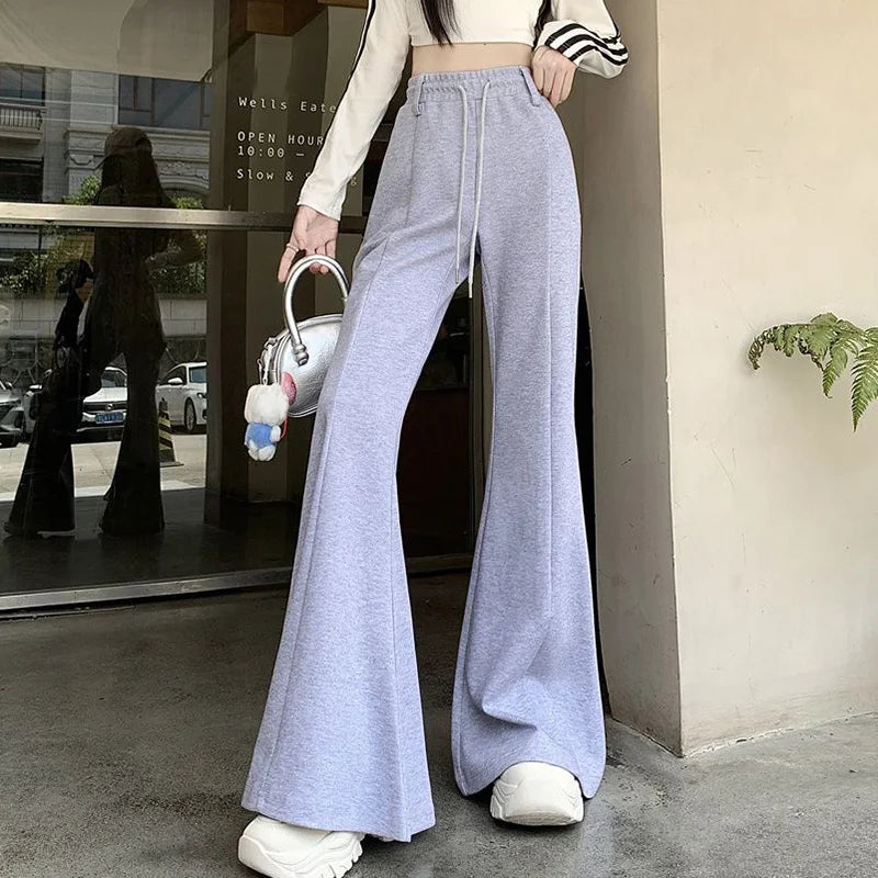 Girls Designer High Waist Flared Pants Lady Korean Slim Fit Casual Trousers Women Chic Drawstring Straight Leg Pants