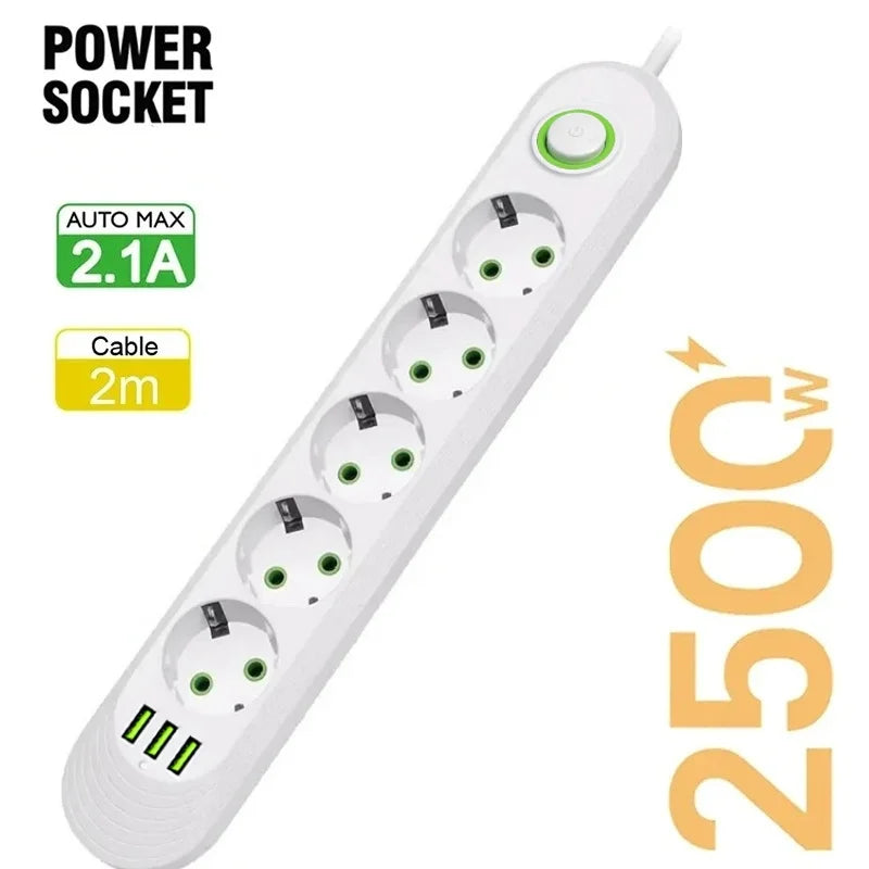 EU Plug AC Outlet 2500W Multiports Power Strip AC Outlet with 3USB Port 2m Extension Cable Round Pin Electrical Charger Adapter
