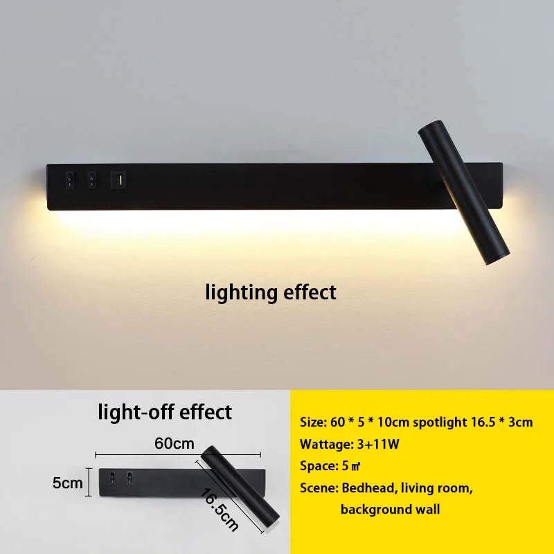LED wall light with switch, rotatable USB reading spotlight, spotlighting, bedroom bedside hallway home decoration wall light