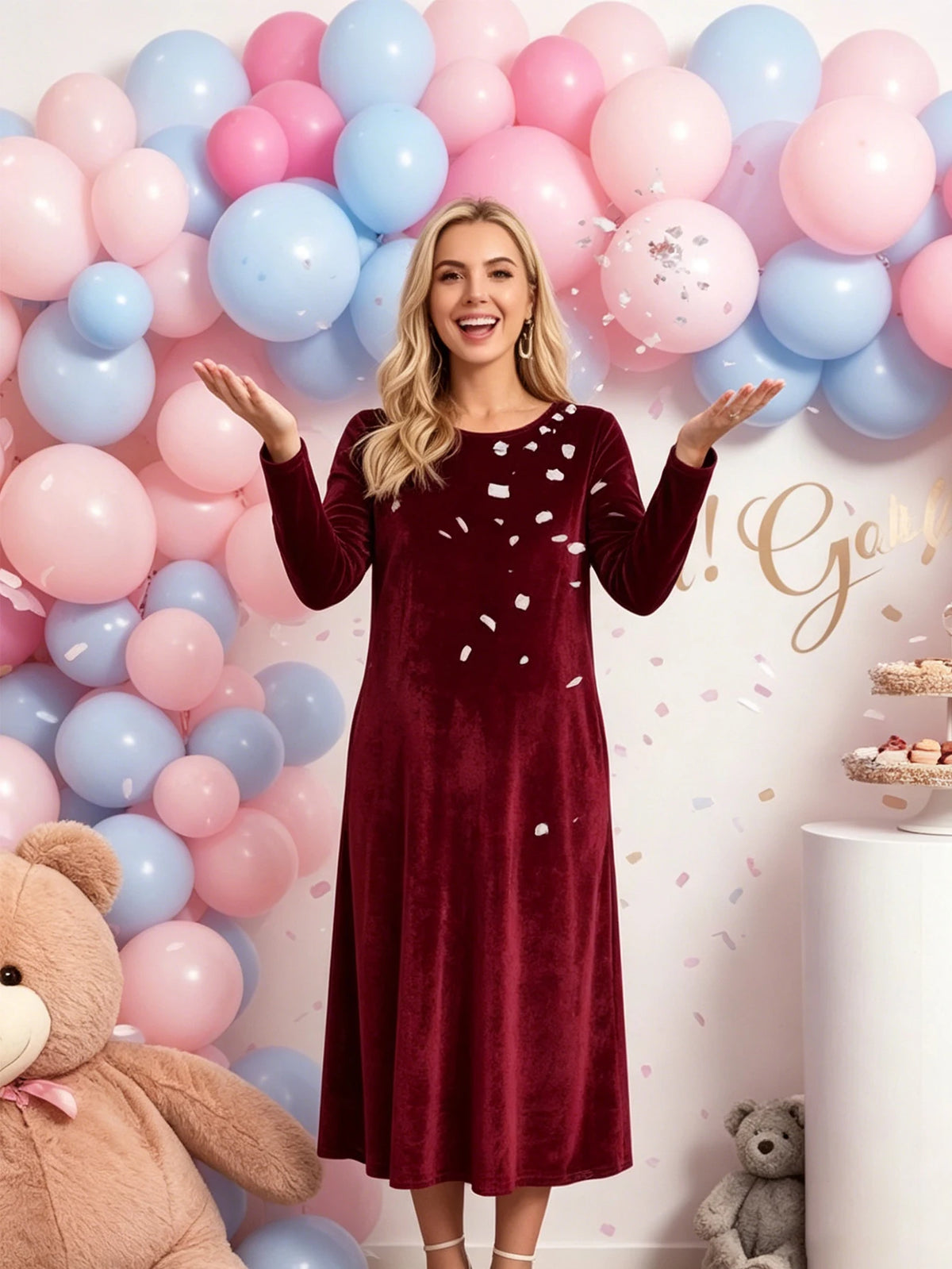 Maternity Autumn Winter Golden Velvet Pocket Long Sleeve Dress Formal Party Gala Long Dress Burgundy Maternity