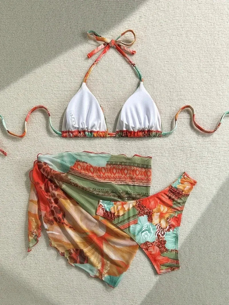 New Women's Retro Floral Print Apron Style Bikini Set 3 Piece High Waisted Tie Side Swimsuit Beach Vacation Swimsuit Biquine