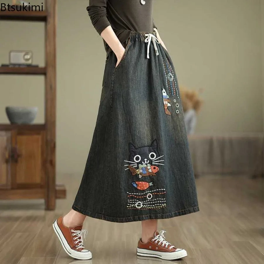 2026 Women's Denim Skirts Retro Cartoon Animal Embroidery Casual Half Skirts Spring Summer High Waist Fashion Loose Midi Skirts
