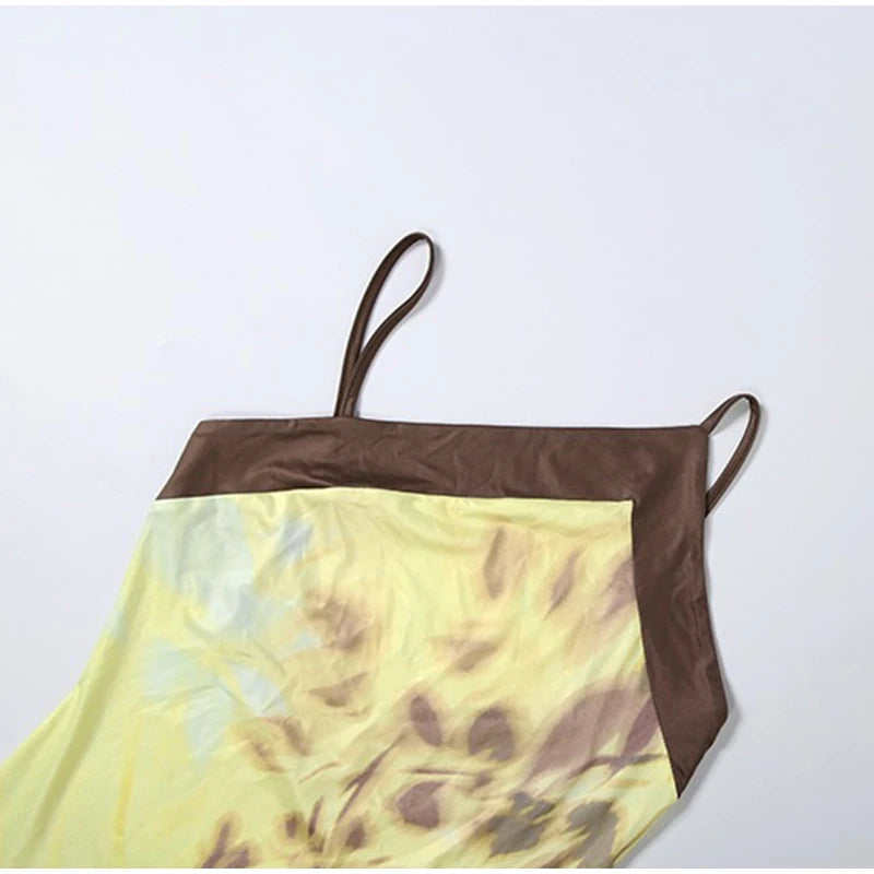 Yellow Brown Tie-Dye Midi Dress Print Halter Neck Open Back Asymmetric Hem Chiffon Dresses 2026 Party Women Fashion Chic Outfit