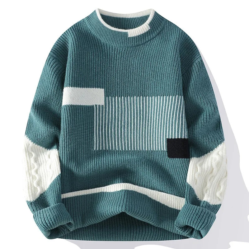 Half Turtleneck Men  Winter New Korean Version Loose Fashion Color Block Knitted Sweater Men's Base Shirt