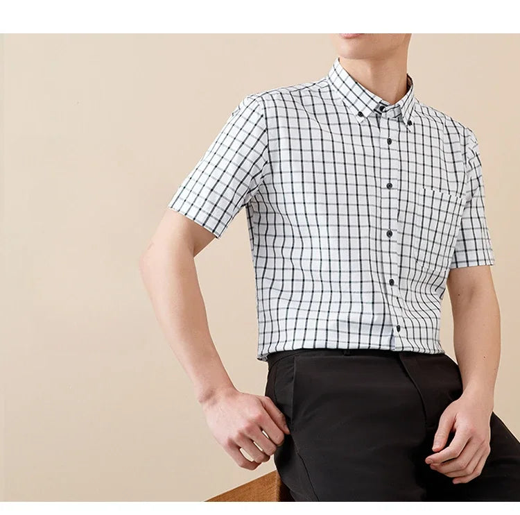 New In Shirt Summer 100%Cotton Short Sleeve Shirts for Men Slim Fit Formal Plain Shirt Designer Plaid Korean Popular Clothes