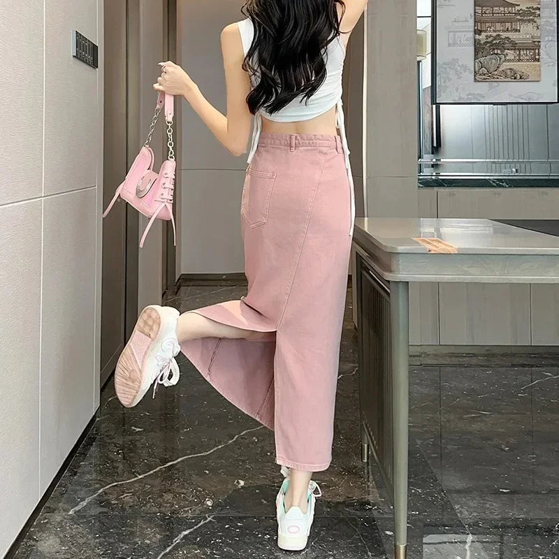 New Summer Women's 100% Cotton Denim Shorts Pink High-waisted Slit Retro Elegant Fashionable Casual Denim Long Skirt Female
