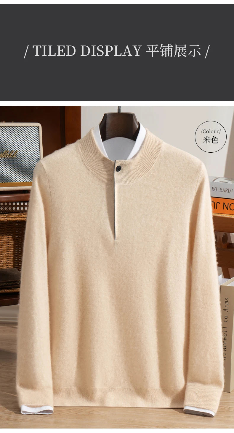 Autumn Winter New Men's Half High Collar Pullover 100% Cashmere Knitted Sweater Casual Business Solid Color Long Sleeve Clothing
