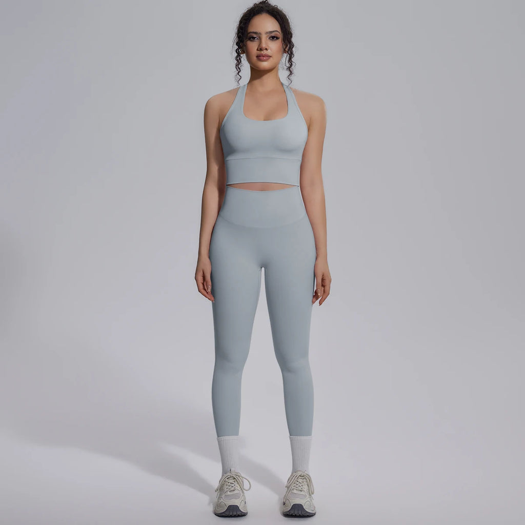 Rooftrellen New Women's Two-piece Set Fitness Sports Solid Color Yoga Set Summer Quick Drying Legging Pants Gather I-shaped Vest