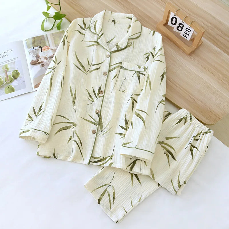 2026 Spring and Autumn Women's Pajama Set 100% Cotton Crepe Long sleeved Pants Two piece Cute and Sweet Home Fury Set Ladies