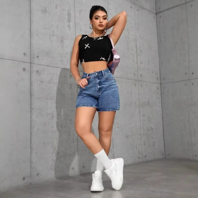 2026 Fashion Y2K Casual Shorts with Pockets Women High Waist Denim Vintage Washed Jeans Shorts Street Style Summer Daily Pants