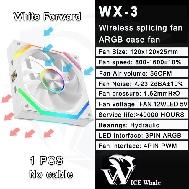 ICE Whale WX-3 Wire-Splicing PC Case Cooling Fan 3PIN ARGB Mirror Cycle Light Effect 800-1600RPM PWM Water Cooling Cooler Fan