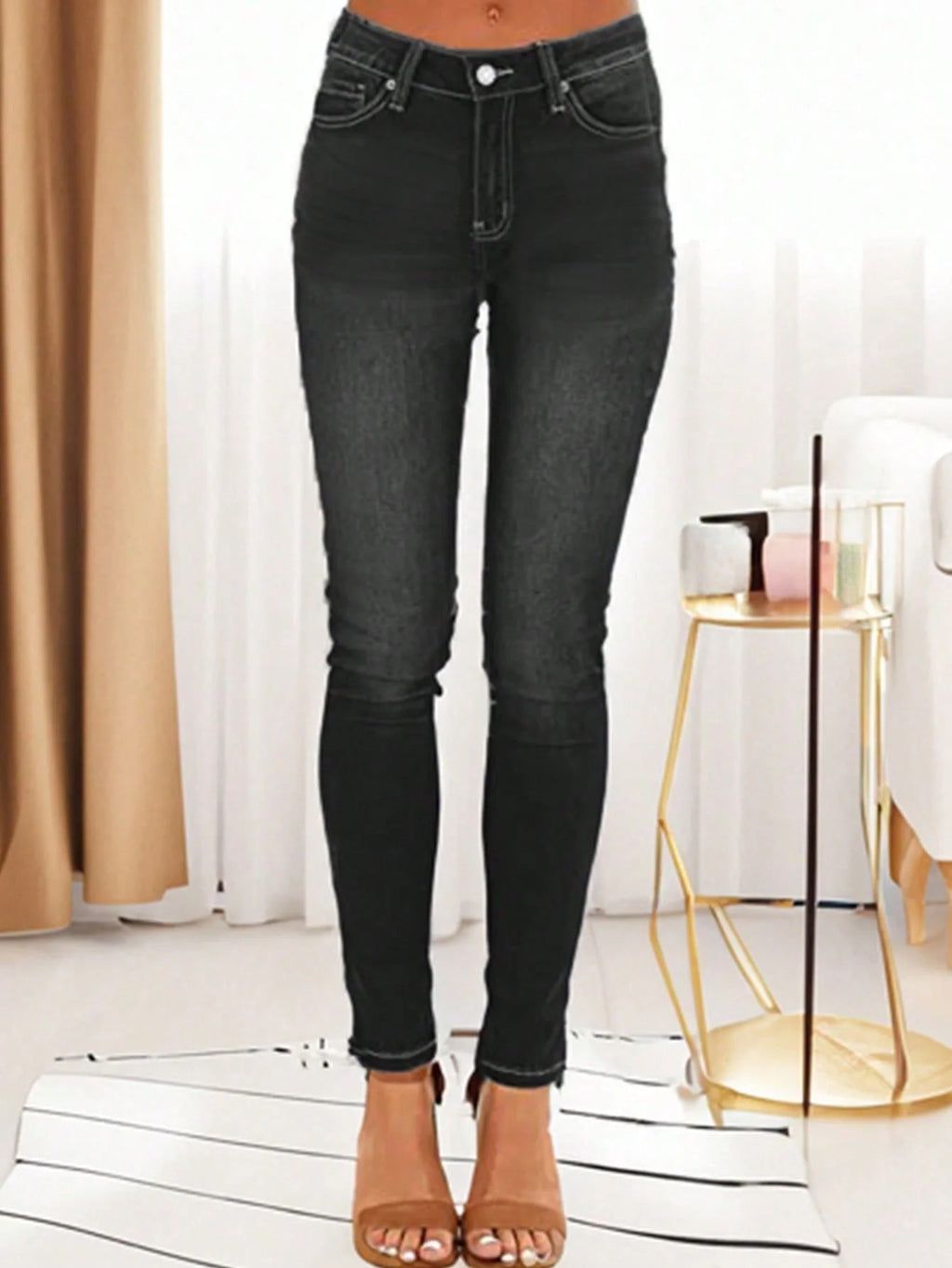 Women's Fashionable Elegant Casual Versatile Washed Cat's Whisker Pattern Skinny Fit Denim Jeans for Daily Wear