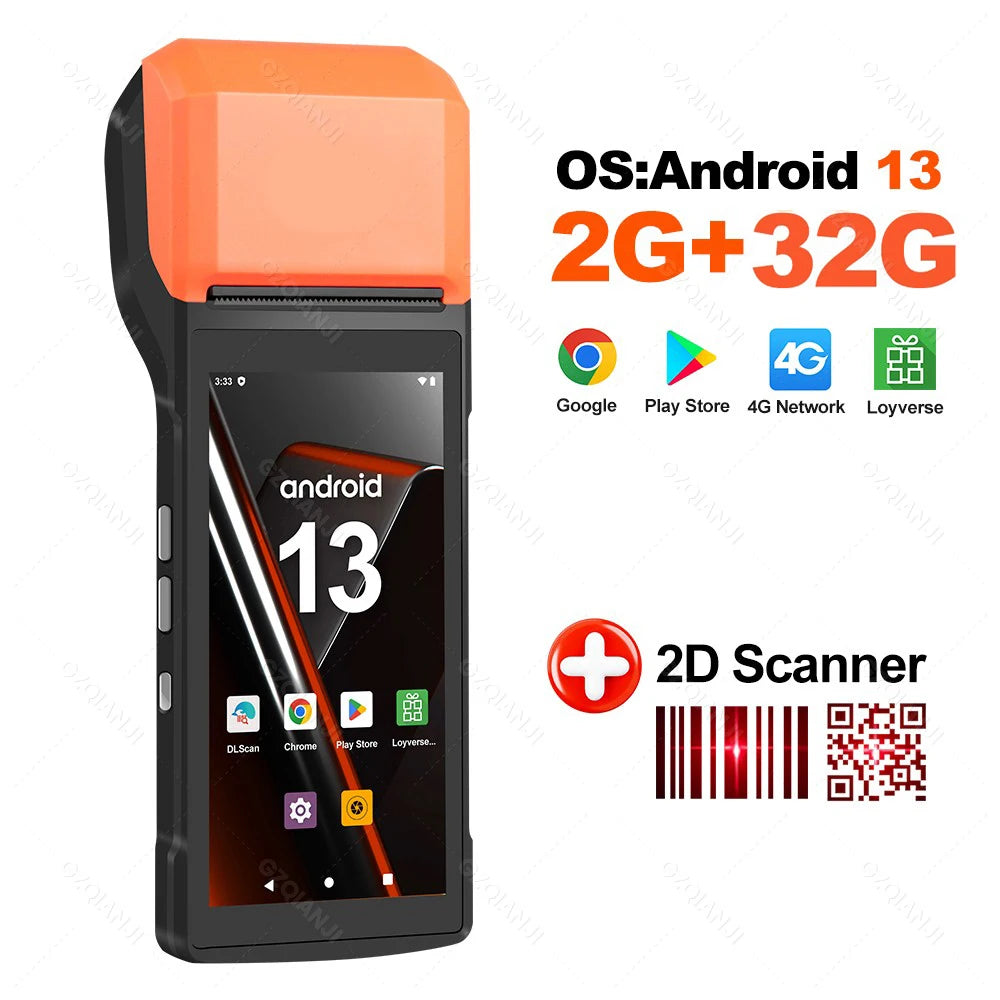 4G Android 13/14 Handheld POS Printer with 58mm Thermal Printing, 1D2D Scanner, NFC optional Compatible with Loyverse POS, Grab