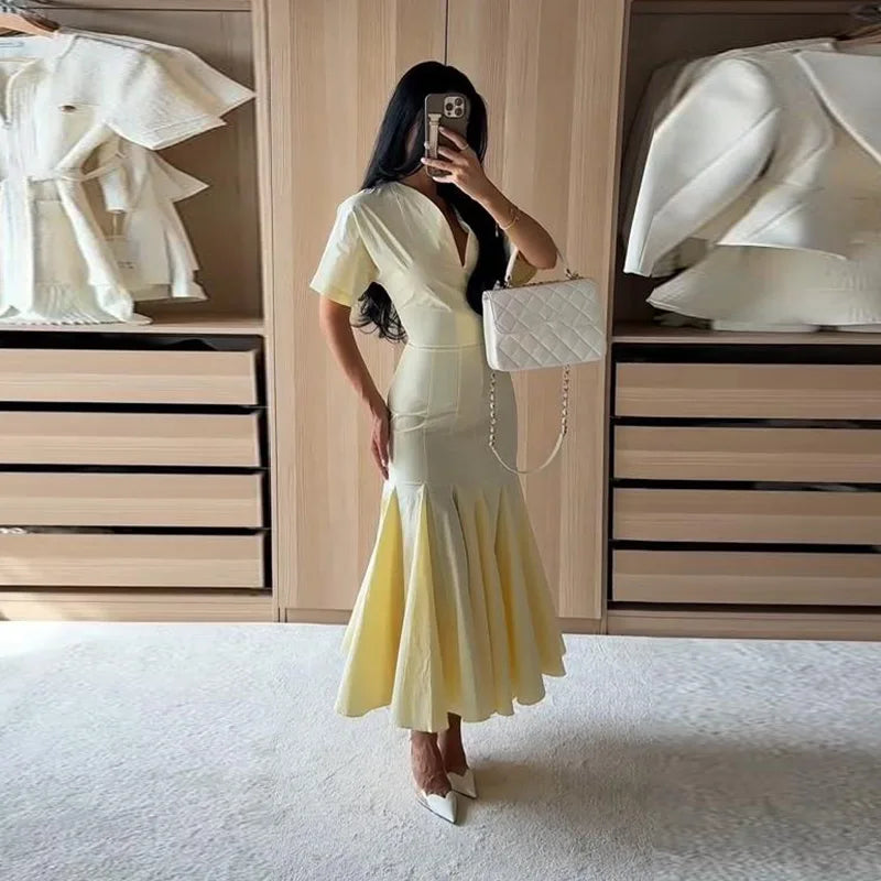 Elegant Solid Women's Dress V-Neck Short Sleeve Pleated Waist-Closed Hip Package Maxi Dresses 2026 Summer Female Vacation Robe