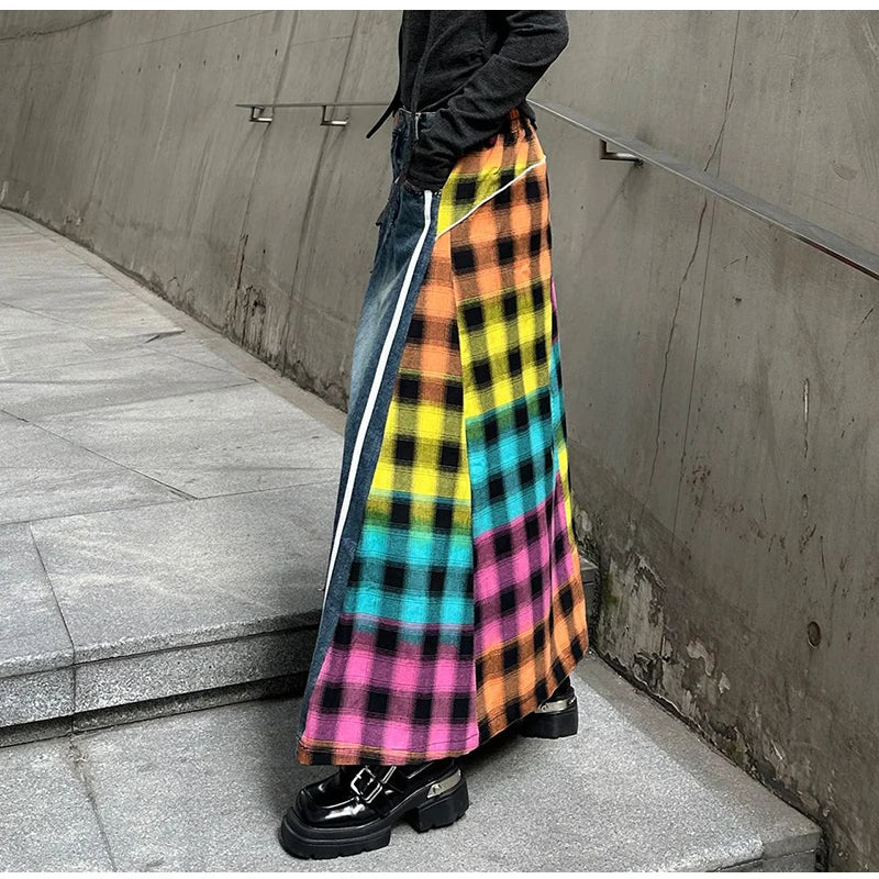 High Fashion Denim Skirt Women Elastic High Waist A-Line Long Skirt Female Colorful Patchwork Plaid Jean Skirt
