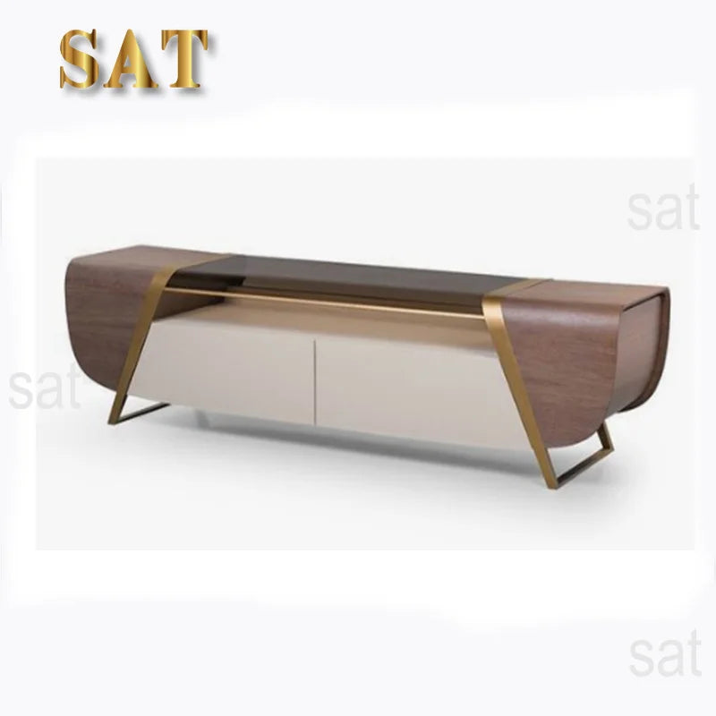 yt-Modern Living Room Walnut Glass Top Stainless Steel Cabinet TV Stand-