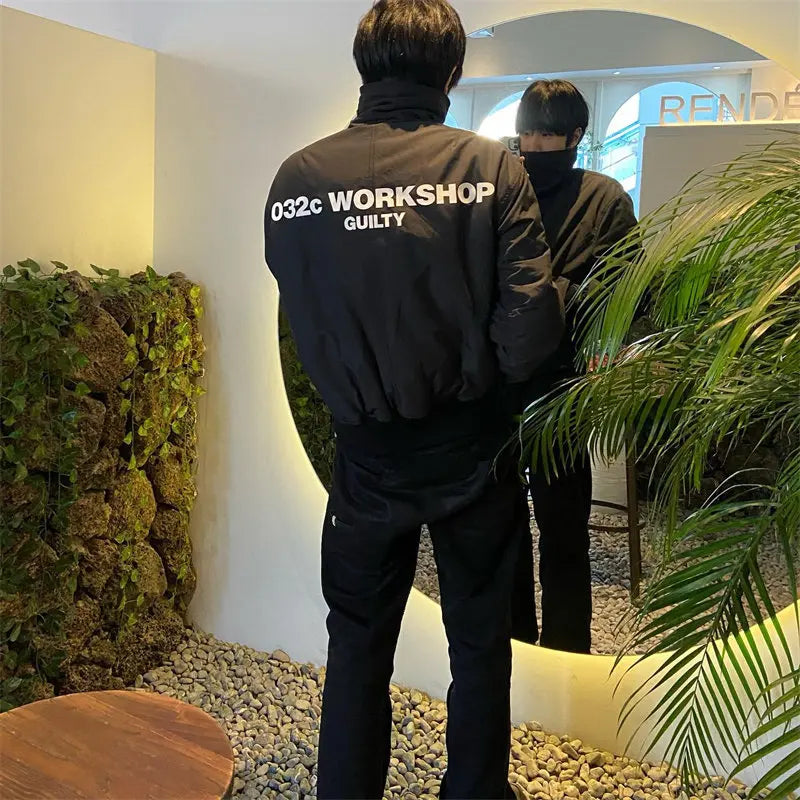 032C black silhouette short wide bomber zip multi pocket jacket