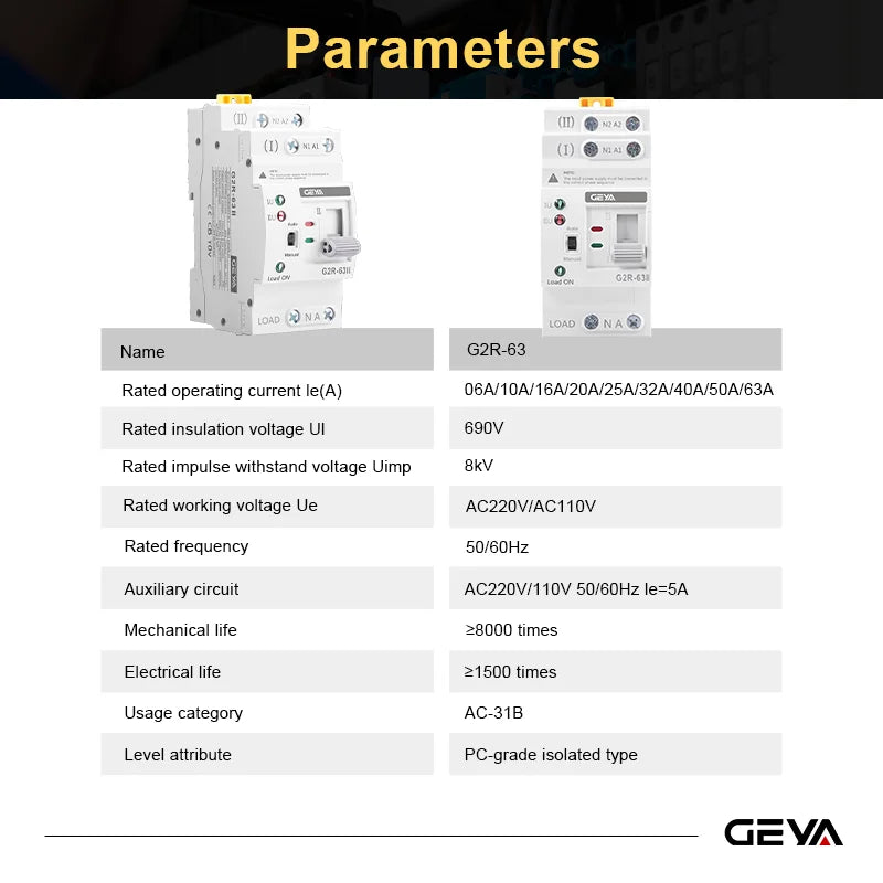 GEYA G2R Din Rail 2P 63A ATS Dual Power Automatic Transfer Switch Electrical Selector Switches Uninterrupted Power 63A 110V 220V