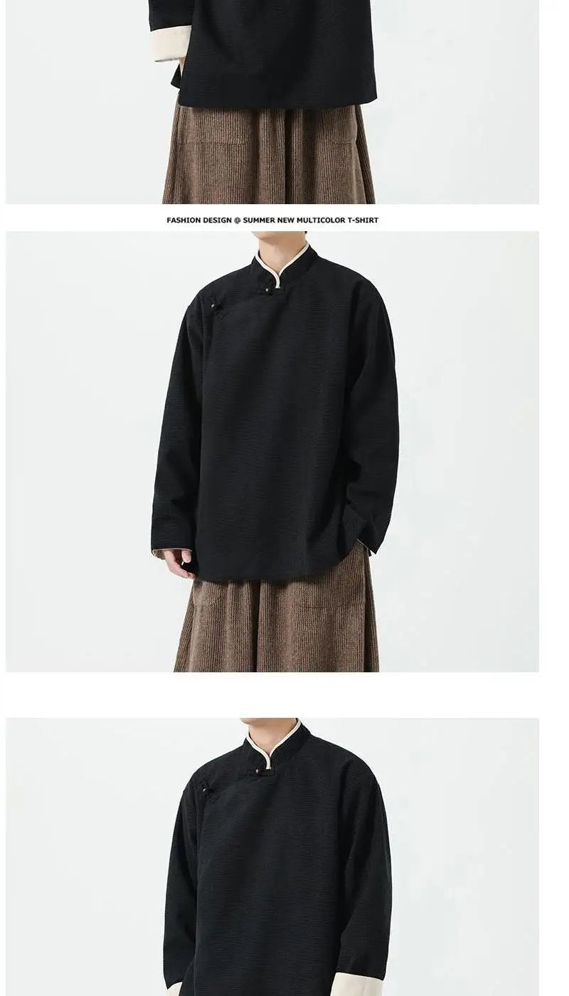 Autumn Winter Chinese Style Blouse Long-sleeved Jacket Men's Chinese Tang Suit Hanfu Lay Buddhist Zen Suit Tea Suit Slanted Top