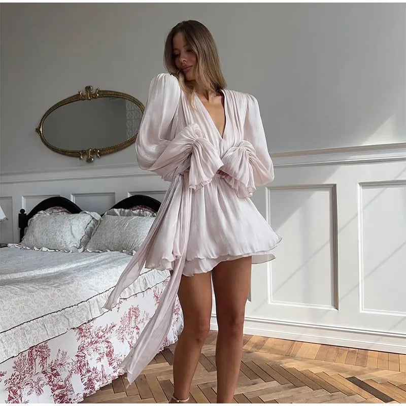 Female Fashion Long Flare Sleeves Lace Up Mini Dress Elegant Chiffon Ruffle High Waist Vestidos New 2025 Autumn Woman Party Wear