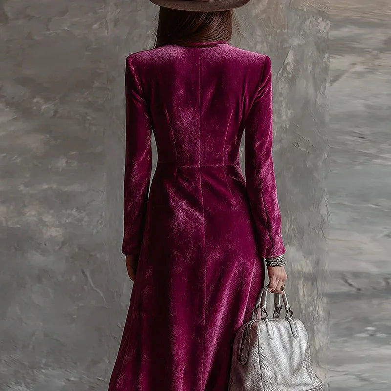 Fall Winter Double Breasted Velvet Cardigan Dress Woman Elegant Lapel Hollow Split Long Dress Vintage Long Sleeve Office Dresses