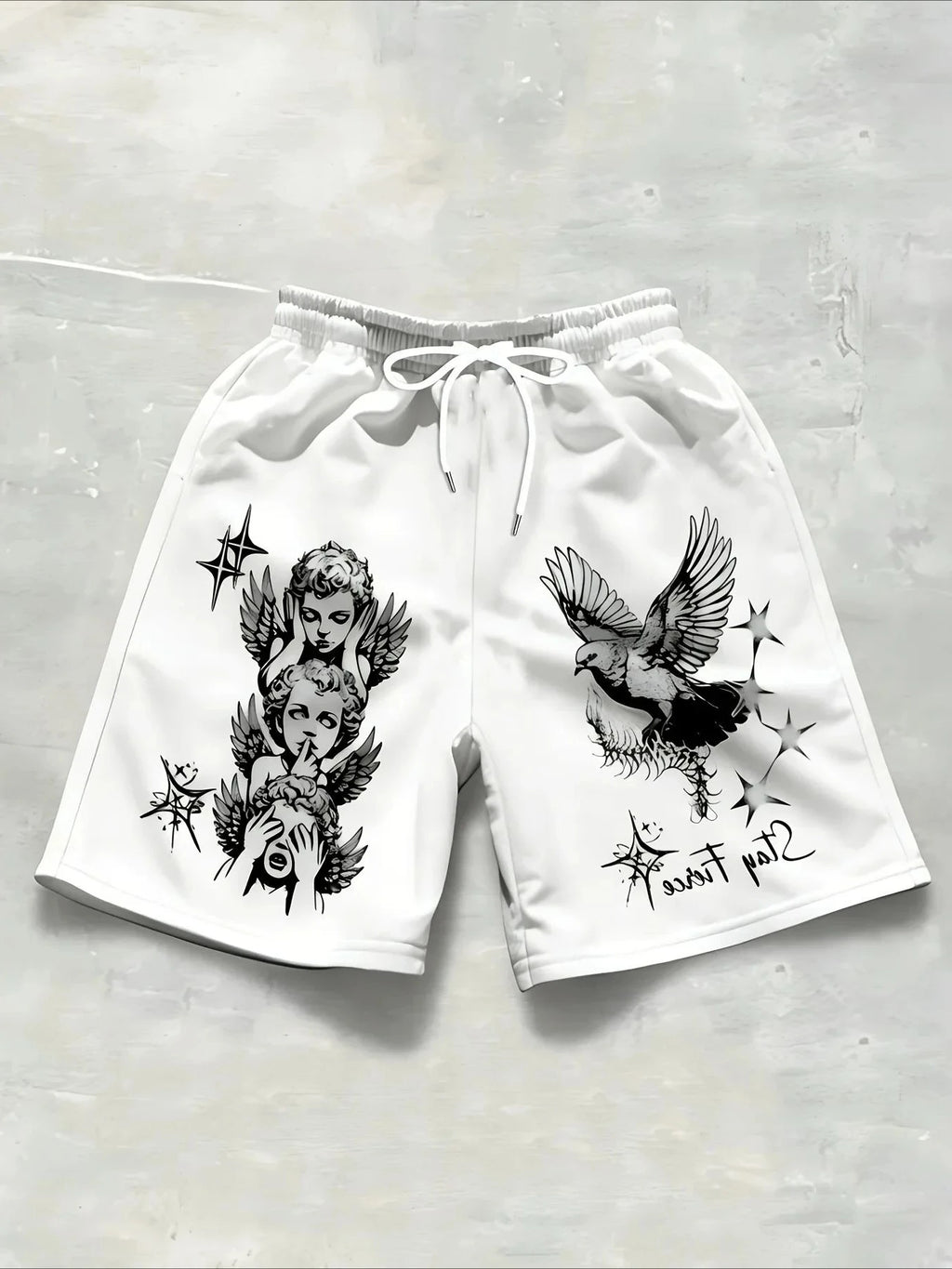 European American Summer Retro Little Angel Letter Print Comfortable Breathable Drawstring Men Shorts Outdoor Casual Pants Moto