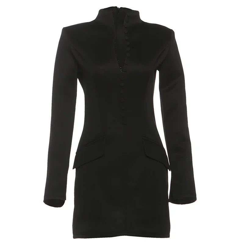 Nibber Elegant Fashion Office Style Dress Woman Button Pocket Decoration Stand Collar Simple Full Sleeve Casual Mini Bodycon