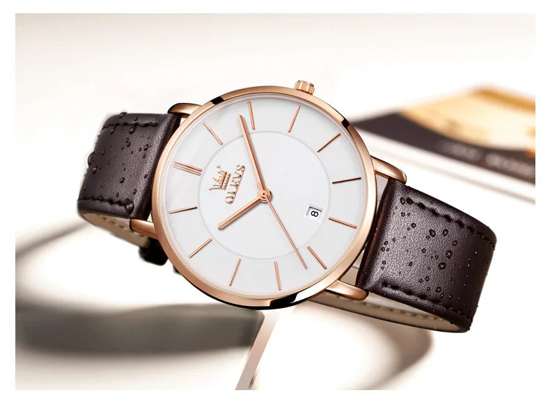 OLEVS 5869 Ultra Thin 6.5mm Quartz Watch for Men Fashion Leather Strap Simple Luxury Auto Date Clock Men's Wristwatch Waterproof