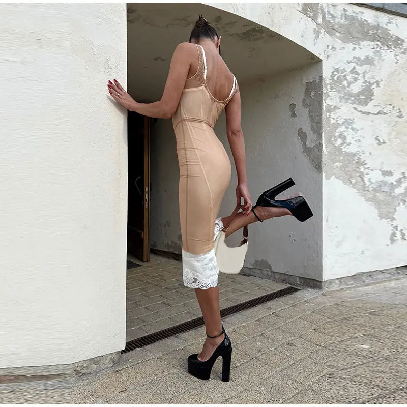 Sheer Mesh Overlay Spaghetti Strap Midi Dress Waist Cinched Sleeveless 2026 Summer Women Accessories Trendy Classy Lady Outfit