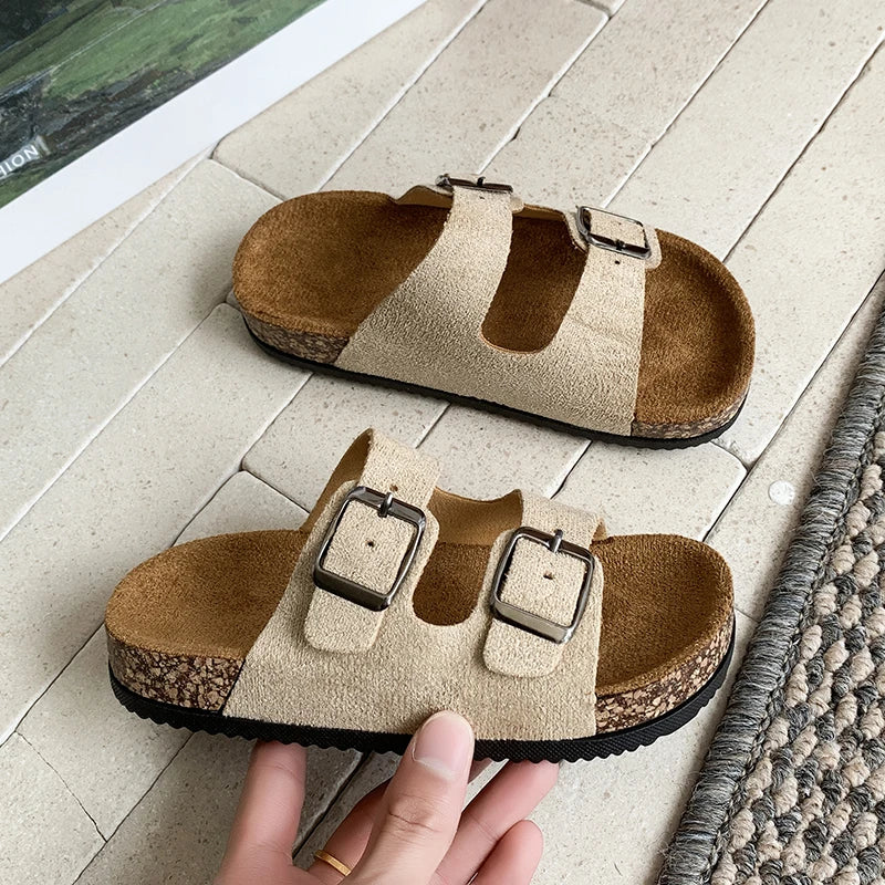 Summer Toddler Kids Boys Girls Suede Cork Slide Sandals Double Buckle Non-Slip Soft Sole for Indoor Outdoor Daily Casual Wear