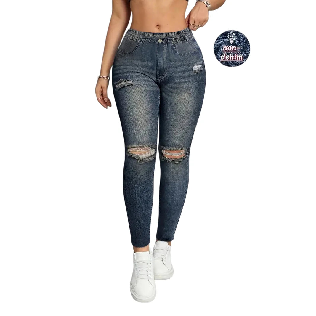 Women's Spring and Autumn Fashionable Faux Denim Printed Casual Leggings