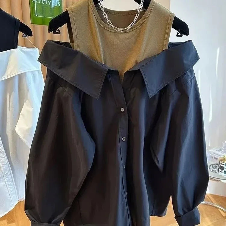 False Two Piece Polo Collar Blouse Women Shirt Loose Tank Patchwork Long Sleeve Shirts Off The Shoulder Spring Pullovers Top New