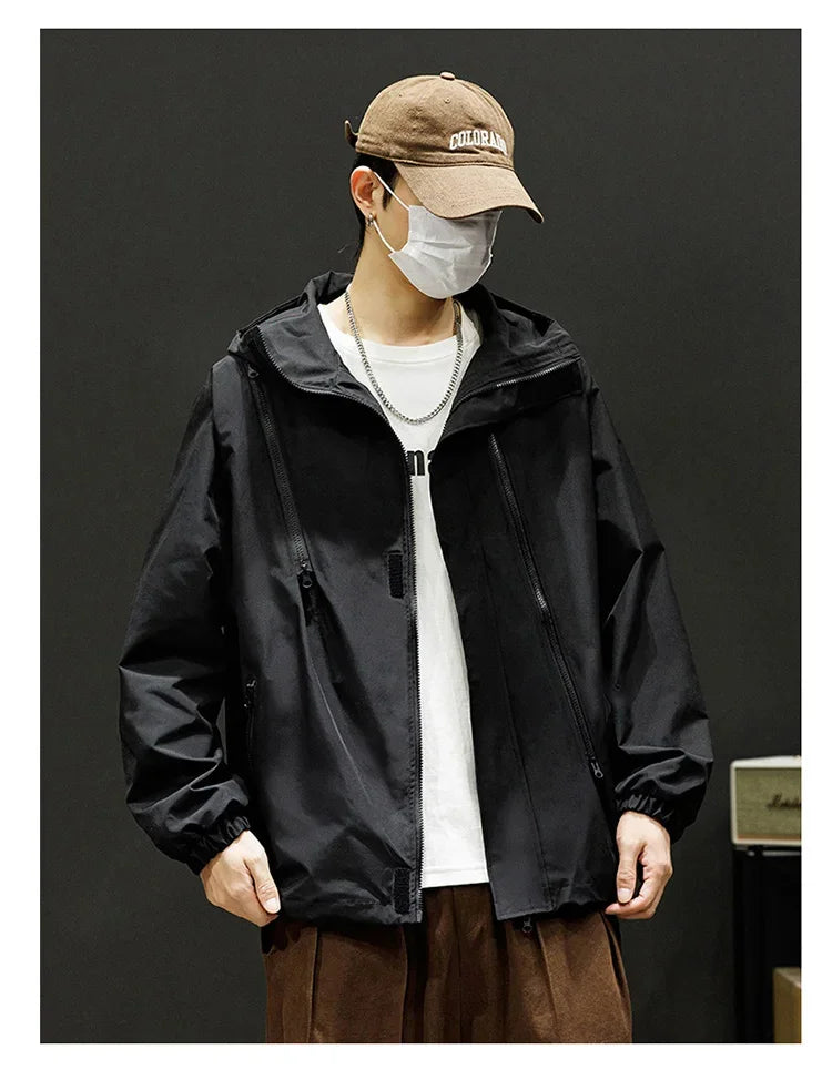 Japanese Windbreakers Men's Jacket Zipper Coat Cargo Waterproof Jackets Bomber Camping Loose Thin Softshell Hooded Hiking Jacket