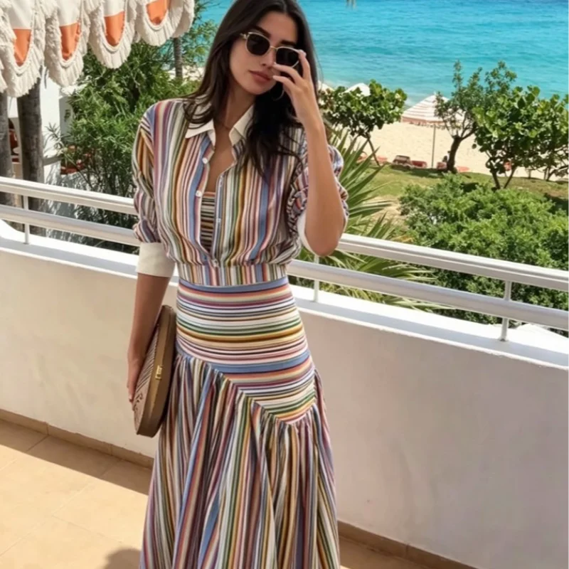 Multicolor Striped Shirt 2 Picec Set Button Front Blouse High Waist Flared Hem Maxi Skirt 2026 Summer Elegant Lady Vacation Suit