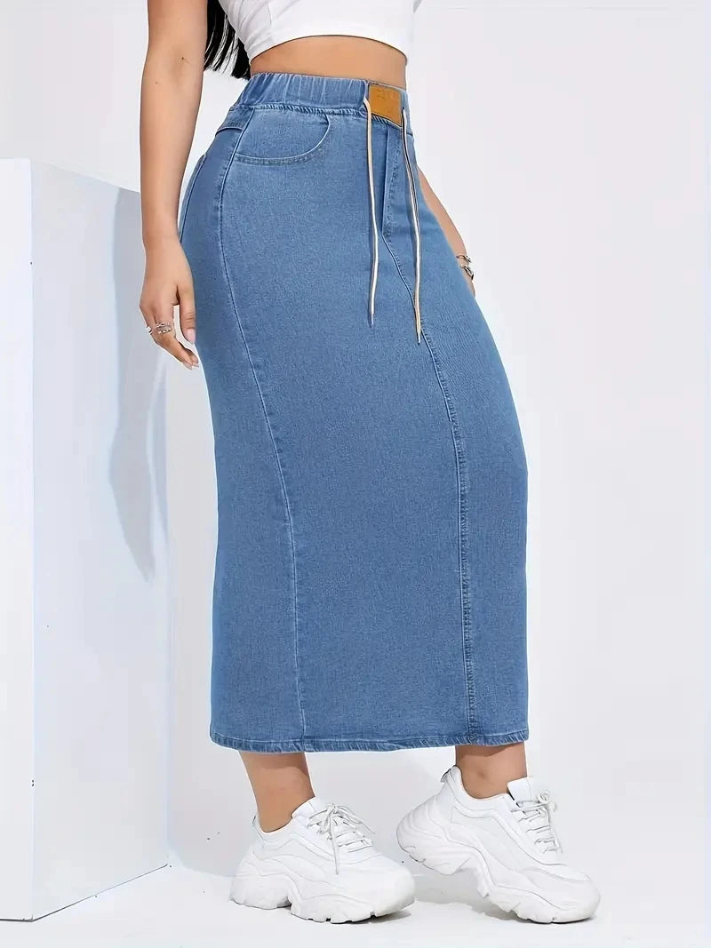 Women's long denim skirt with elastic waist, drawstring, logo patch, slit at the side, A-shaped hip-hugging skirt