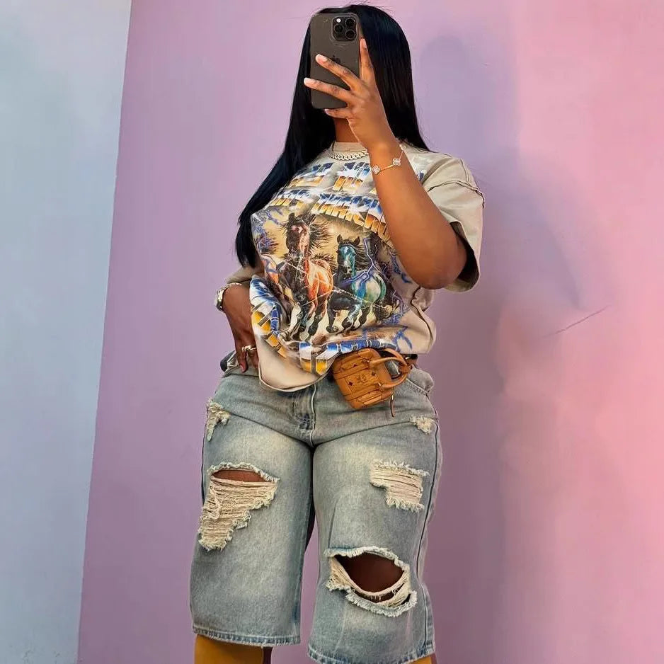 Europe America Summer New High-waisted Loose, Vintage, Ripped Denim Mid-length Straight-leg Wide-leg Pants. Casual Denim Shorts