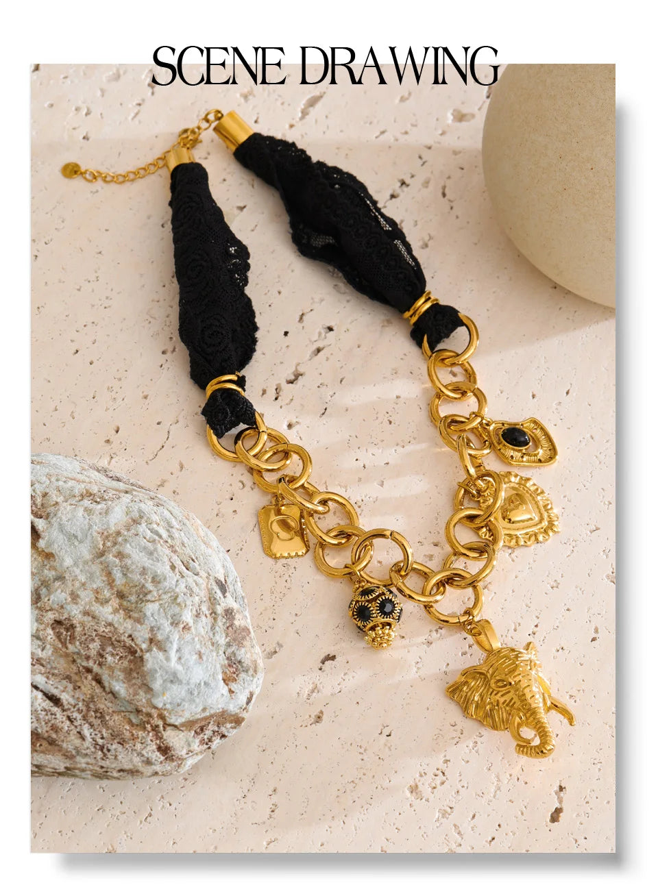 Yhpup 2025 Black Lace Chain Heart Elephant Pendant Statement Necklace 18K Golden Plated Stainless Steel Charms Handmade Jewelry