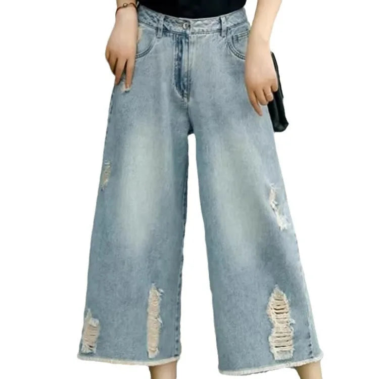 Women's Light Blue Ripped Denim Culottes, High Waist Wide Leg Cropped Jeans, Casual Frayed Hem Loose Fit Pants