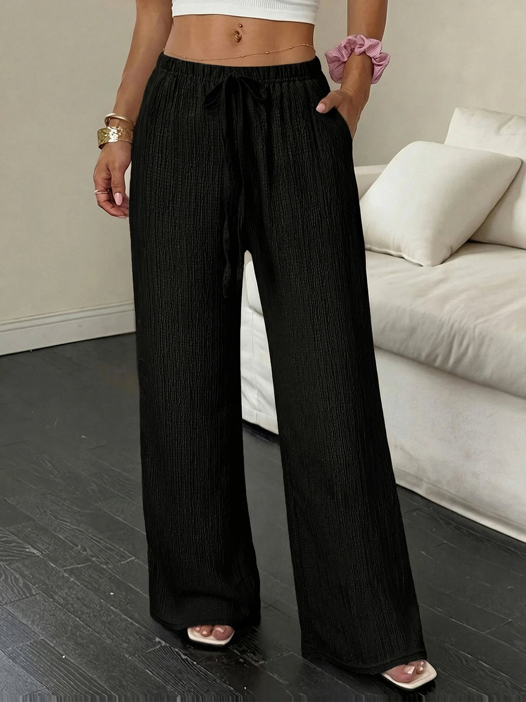 Women Crinkle Textured Wide Leg Pants Elastic Waist Loose Casual Lounge Trousers Soft Yoga Beach Vacation Flowy Pants