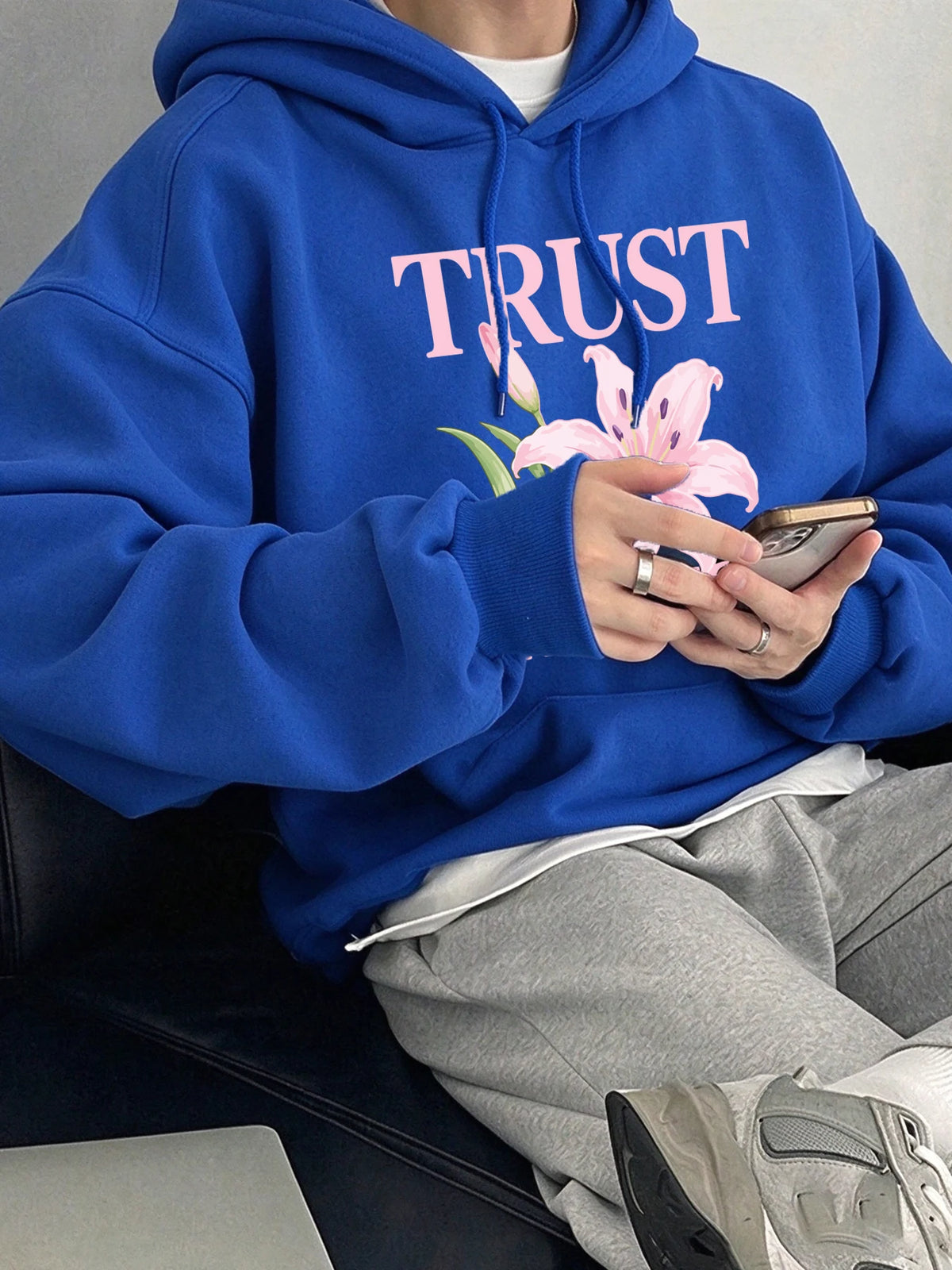 Trust Process Hibiscus Print Men Basic Hoody Casual Pocket Tops Hip Hop Loose Pullover Autumn Fleece Unisex Simple Long Sleeve