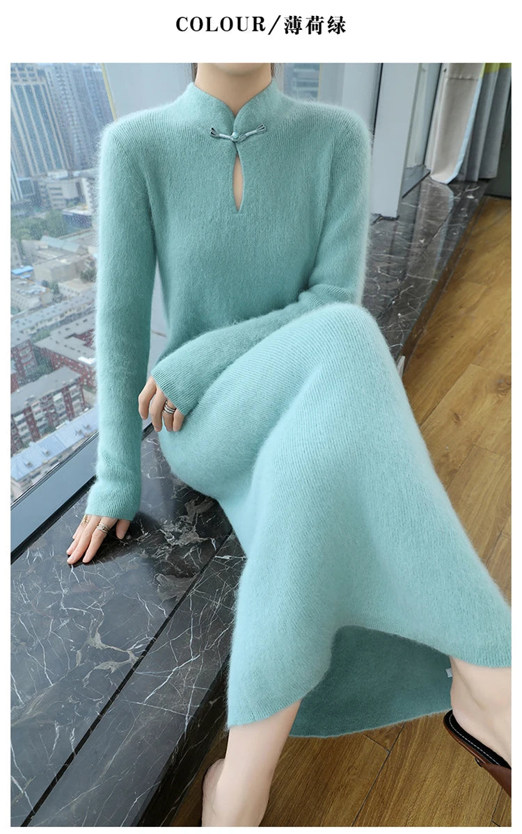 Women' 100%Pure Mink Cashmere Dress Stand-Up Collar Buckle Slim Knit Long Skirt Fashion High Waist Over The Knee Bottoming Dress