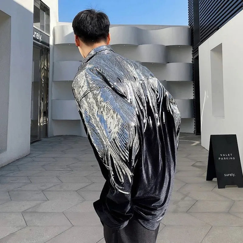 IEFB Summer Embroidery Sequin Velvet Fashionable Temperament Men's Long Sleeve Shirts Lapel Personal Design Oversize Tops 9Y6658