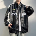 Men’s PU Leather Racing Jacket Oversized, Zip-Up Varsity Bomber Coat, Streetwear Motorcycle Style