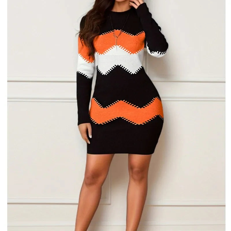 Printed Round Neck Dress a Line British Style with Long Sleeve Mid Waist Elegant Commuter Pullover Spring Women Casual Dresses