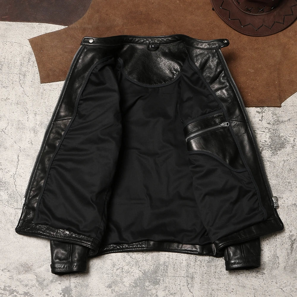 Black Winter Leather Jacket Men Sports Style Plus Size 5XL Genuine Natural Thick Cowhide Stand Collar Slim Fit Short Coat