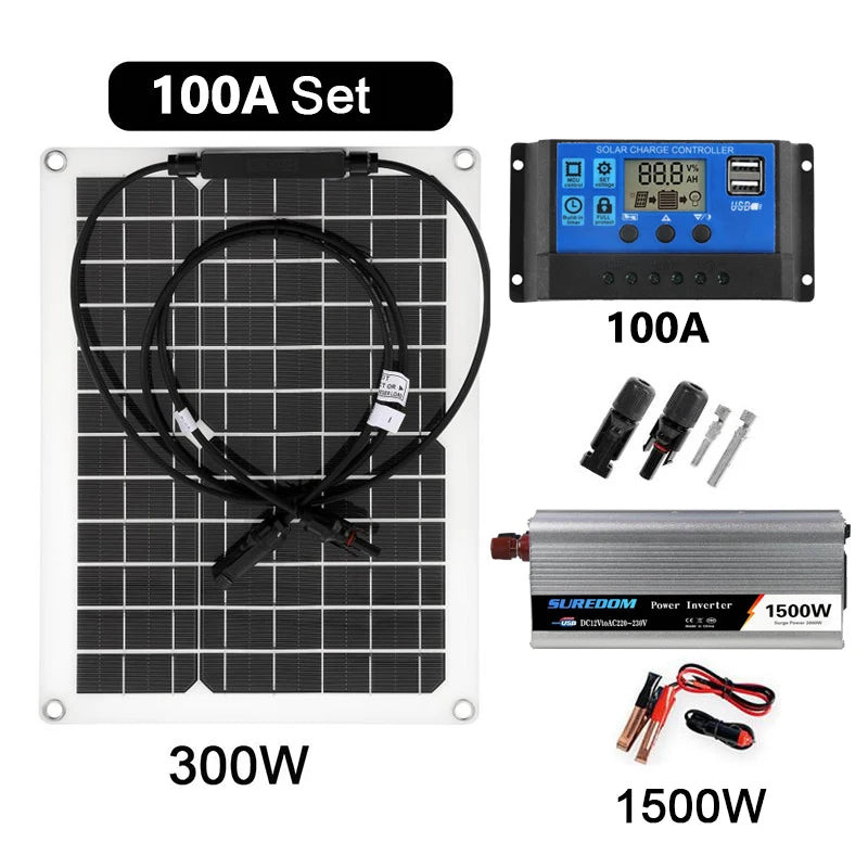 12V to 220V Solar Power System 300W Solar Panel 10A-100A Controller 1500W Modified Sine Inverter Complete Power Generation Kit