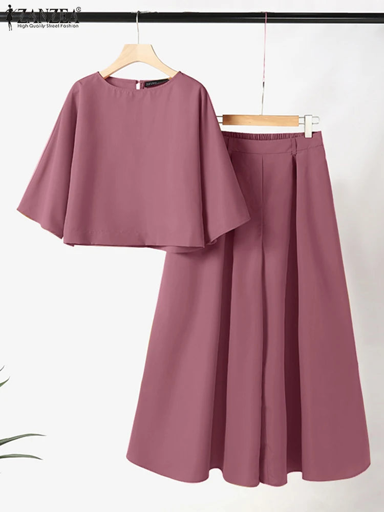 ZANZEA Women Causal 2PCS Pant Sets Loose 3/4 Sleeve Tops Wide Leg Pants 2-Pieces Outfits Solid Color Fashion Commute Tracksuits