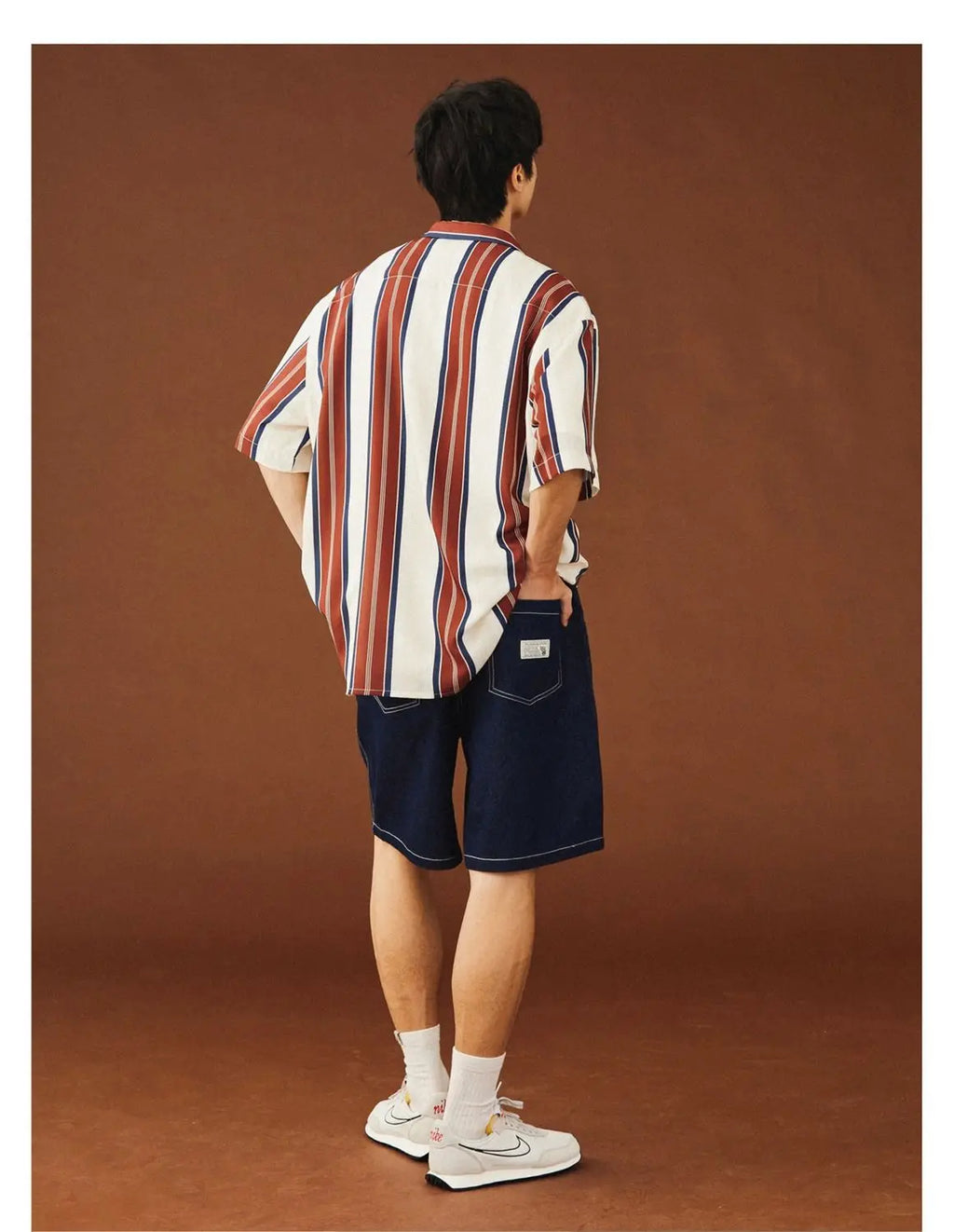 Summer New Turn-down Collar Fashion Short Sleeve Shirt Man High Street Casual Button Cardigan Striped Pockets Patchwork Tops