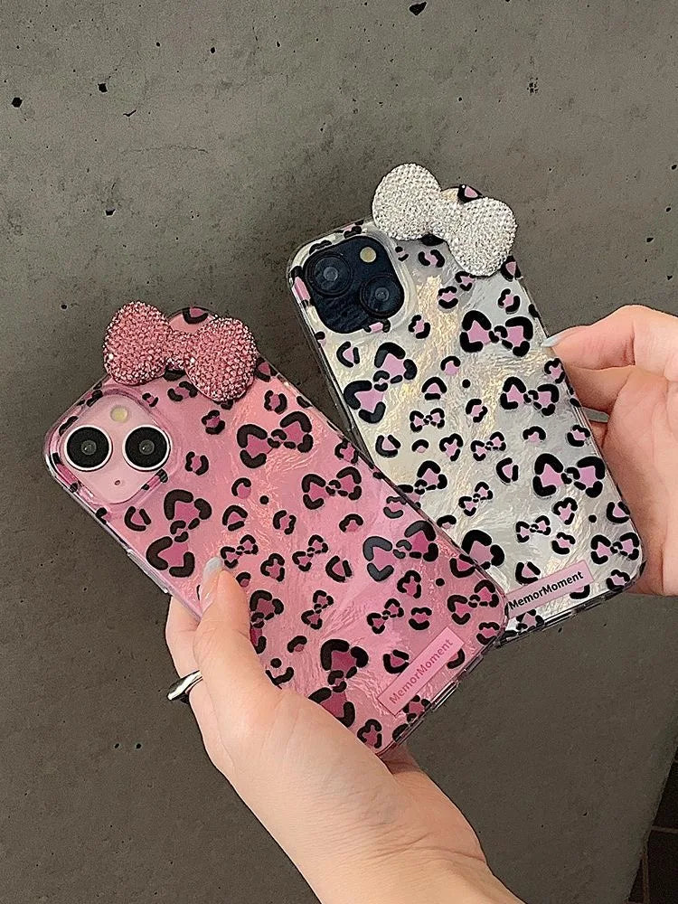 Colorful Leopard Blink Diamond Bowknot Lustre Lining Phone Case for iPhone 16 15 14 Plus 13 Mini 12 Pro Max 11 7 8 SE X XS XR