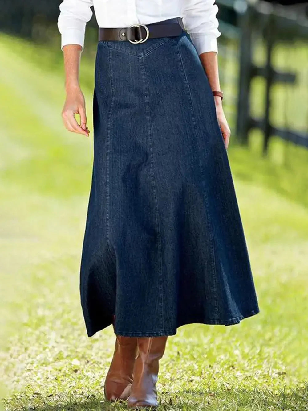 Denim Fabric Half Length Skirt Solid Color Clothes Simple Style  Casual Wear Stretch Fabric Dress A-Line Bottom Skirt